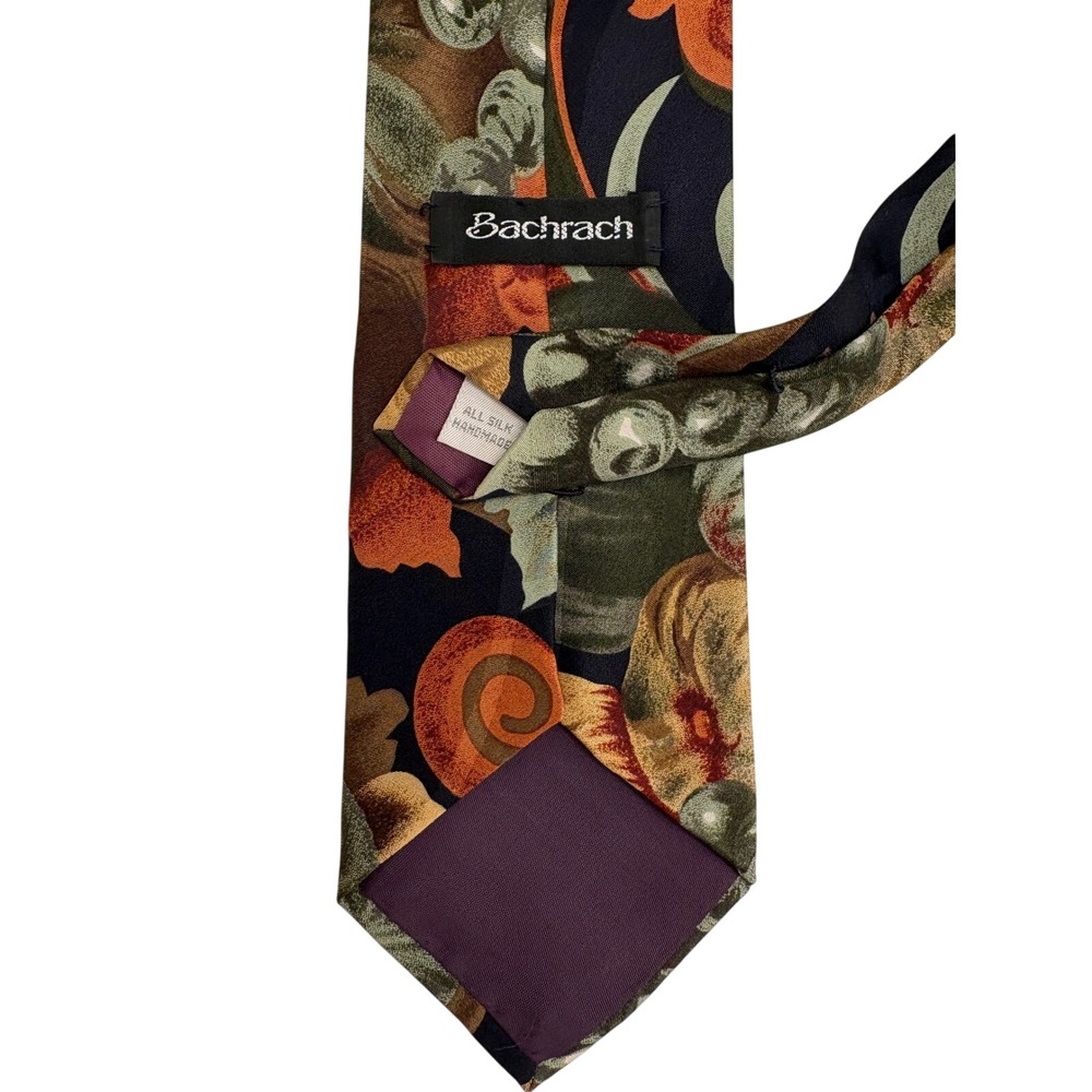 Bachrach Mens Silk Tie Navy Blue Green Orange Abstract Floral Harvest Handmade